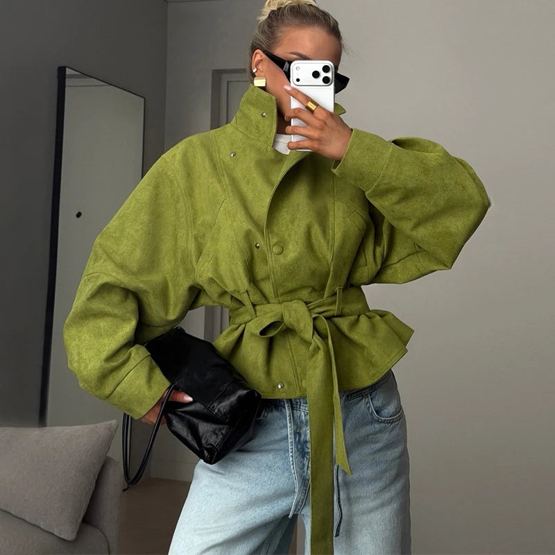 Autumn Women's Green Suede Short Jacket Loose Lapel Zipper Long Sleeve Bomber Coat Female 2025 New Lady High Street Outwears