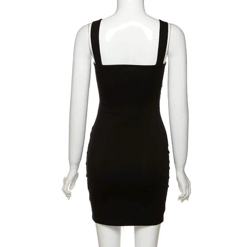 Summer Sexy Mini Dress Women Sleeveless Strap Streetwear Backless Folds Bodycon Black Dress Party Elegant A-LINE Dresses