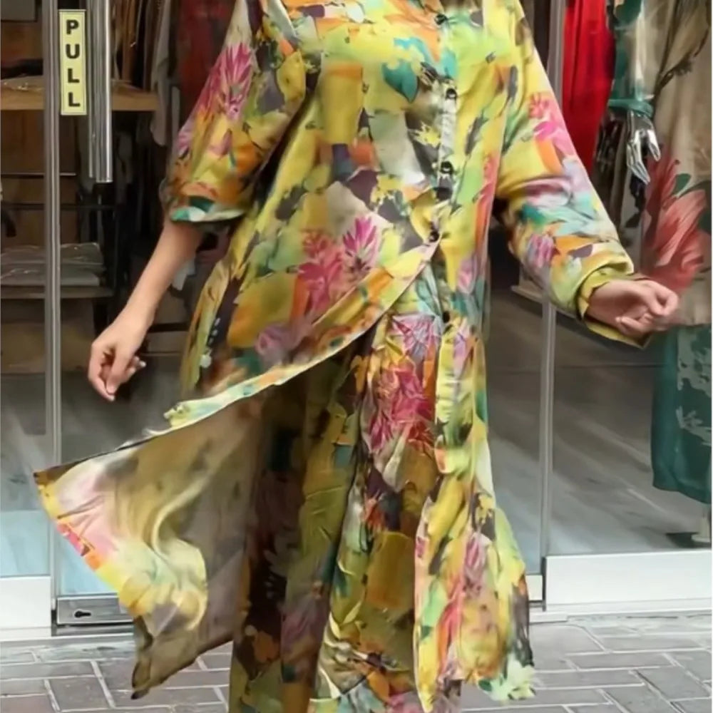 Elegant For Women Print Long Top 2 Pieces Set Spring Floral Single Breasted Lapel Shirt Wide Leg Pant Outfits Loose Leisure Suit