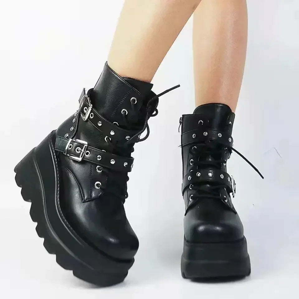 New Women Pu Leather Ankle Booties Woman Autumn Winter Round Toe Lace Up Shoes Woman Motorcycle Platform Gothic Boots Cosplay