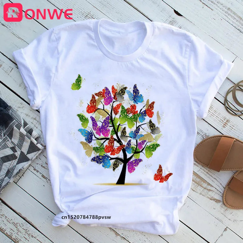 Women's Butterfly Tree Print Harajuku T-Shirt, Round Neck Top, Short Sleeve, Casual Summer Tee Shirt,Drop Ship