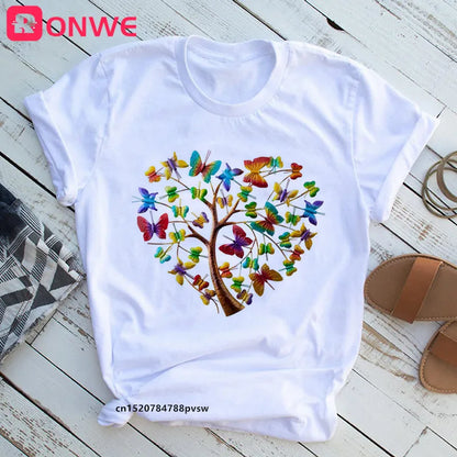 Women's Butterfly Tree Print Harajuku T-Shirt, Round Neck Top, Short Sleeve, Casual Summer Tee Shirt,Drop Ship
