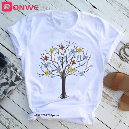 Women's Butterfly Tree Print Harajuku T-Shirt, Round Neck Top, Short Sleeve, Casual Summer Tee Shirt,Drop Ship