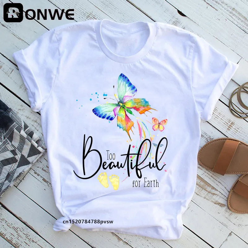 Women's Butterfly Tree Print Harajuku T-Shirt, Round Neck Top, Short Sleeve, Casual Summer Tee Shirt,Drop Ship