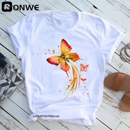 Women's Butterfly Tree Print Harajuku T-Shirt, Round Neck Top, Short Sleeve, Casual Summer Tee Shirt,Drop Ship