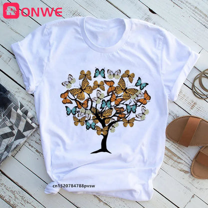 Women's Butterfly Tree Print Harajuku T-Shirt, Round Neck Top, Short Sleeve, Casual Summer Tee Shirt,Drop Ship