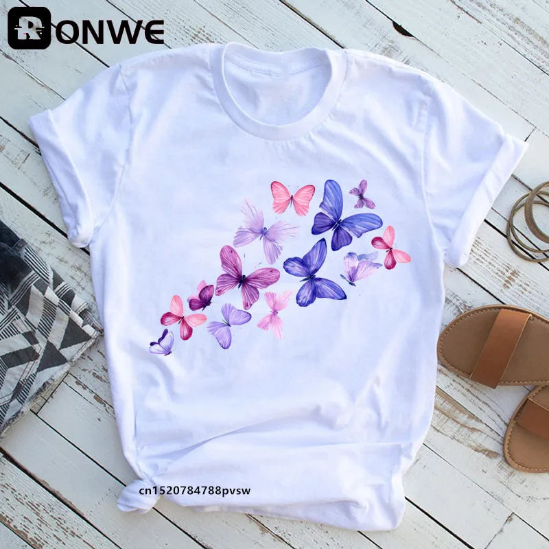 Women's Butterfly Tree Print Harajuku T-Shirt, Round Neck Top, Short Sleeve, Casual Summer Tee Shirt,Drop Ship