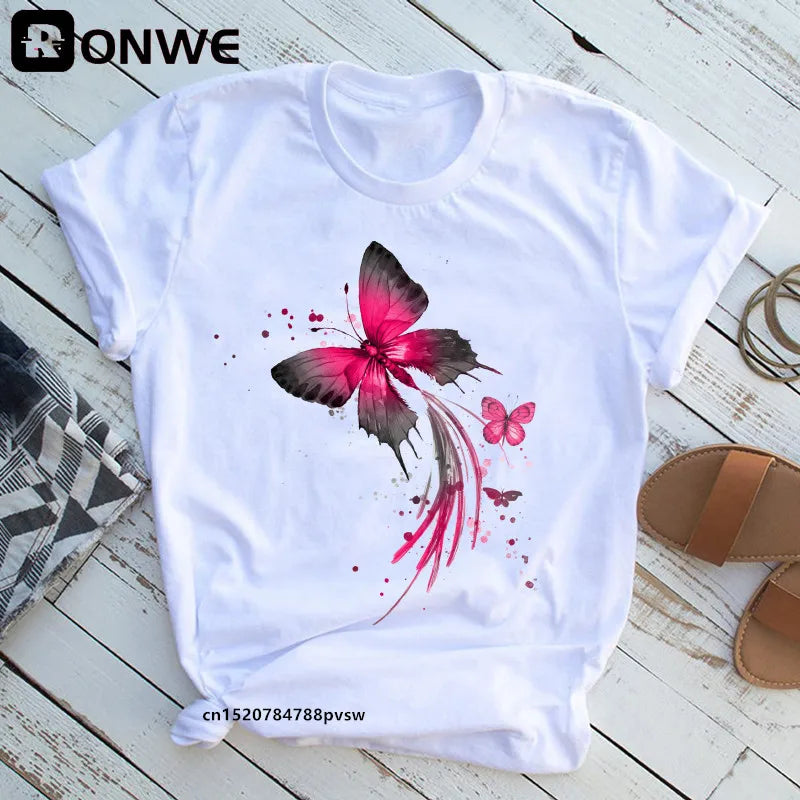 Women's Butterfly Tree Print Harajuku T-Shirt, Round Neck Top, Short Sleeve, Casual Summer Tee Shirt,Drop Ship