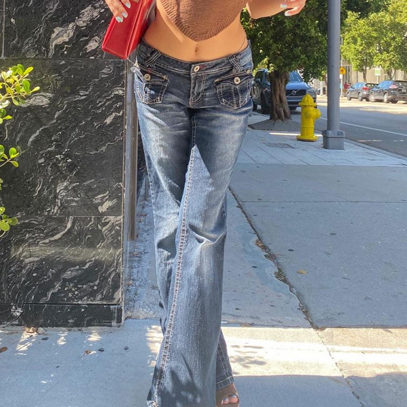 Korean Style Harajuku Hot Mom Denim Jeans Y2K Grunge Vintage Low Waisted Pockets Skinny Flare Pants 2000s Retro Cargo Trousers