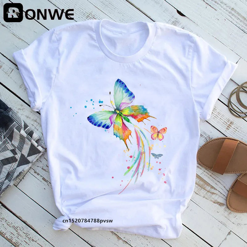 Women's Butterfly Tree Print Harajuku T-Shirt, Round Neck Top, Short Sleeve, Casual Summer Tee Shirt,Drop Ship