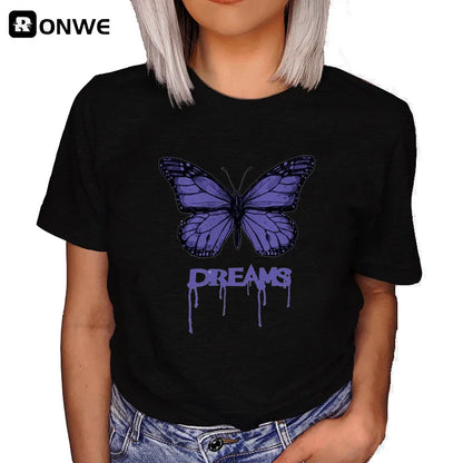 Women's Butterfly Tree Print Harajuku T-Shirt, Round Neck Top, Short Sleeve, Casual Summer Tee Shirt,Drop Ship