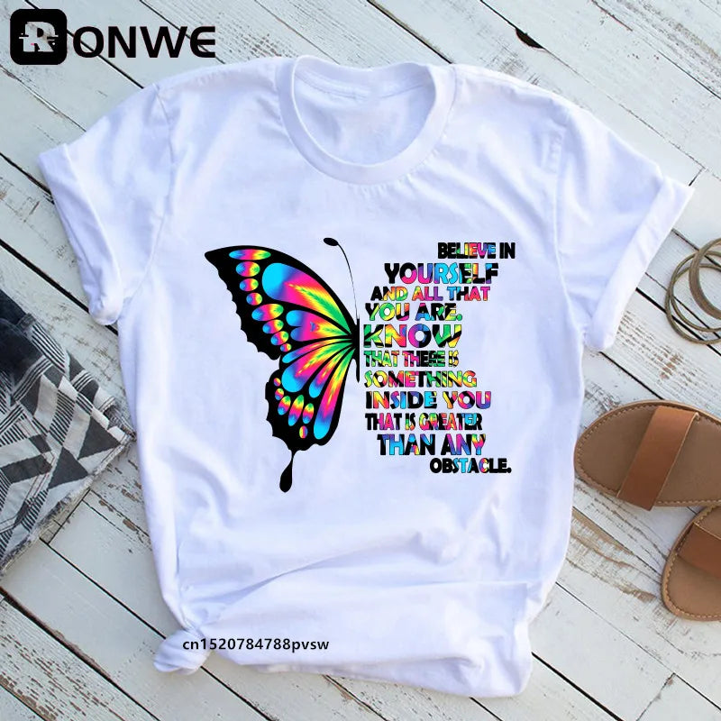 Women's Butterfly Tree Print Harajuku T-Shirt, Round Neck Top, Short Sleeve, Casual Summer Tee Shirt,Drop Ship