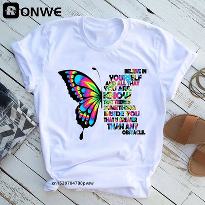 Women's Butterfly Tree Print Harajuku T-Shirt, Round Neck Top, Short Sleeve, Casual Summer Tee Shirt,Drop Ship