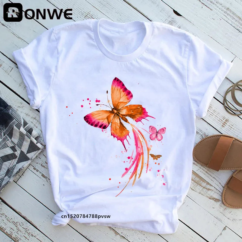 Women's Butterfly Tree Print Harajuku T-Shirt, Round Neck Top, Short Sleeve, Casual Summer Tee Shirt,Drop Ship