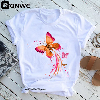 Women's Butterfly Tree Print Harajuku T-Shirt, Round Neck Top, Short Sleeve, Casual Summer Tee Shirt,Drop Ship