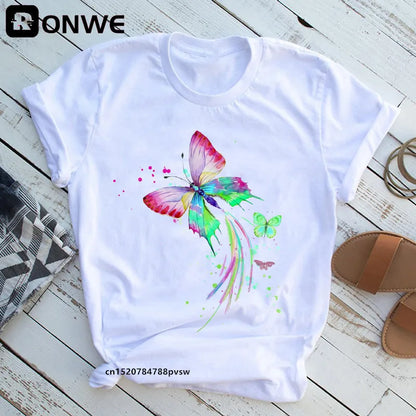 Women's Butterfly Tree Print Harajuku T-Shirt, Round Neck Top, Short Sleeve, Casual Summer Tee Shirt,Drop Ship