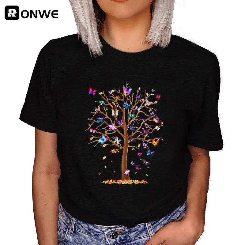 Women's Butterfly Tree Print Harajuku T-Shirt, Round Neck Top, Short Sleeve, Casual Summer Tee Shirt,Drop Ship