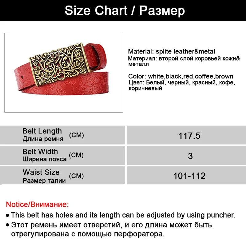 New Fashion Quality Leather Belts for Woman Vintage Floral Curved Hollow Out Metal Buckle Wide Female Belts