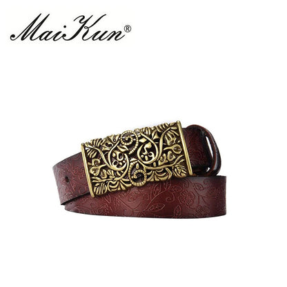 New Fashion Quality Leather Belts for Woman Vintage Floral Curved Hollow Out Metal Buckle Wide Female Belts