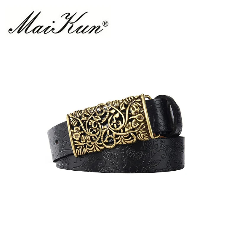 New Fashion Quality Leather Belts for Woman Vintage Floral Curved Hollow Out Metal Buckle Wide Female Belts