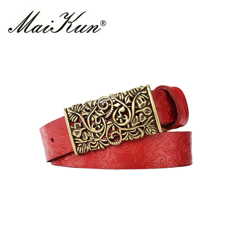 New Fashion Quality Leather Belts for Woman Vintage Floral Curved Hollow Out Metal Buckle Wide Female Belts