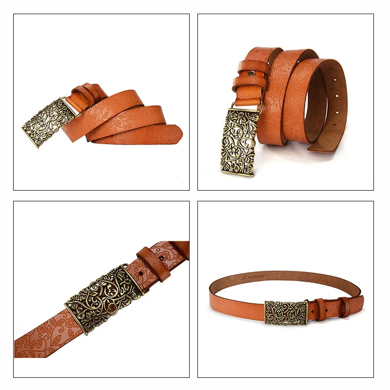 New Fashion Quality Leather Belts for Woman Vintage Floral Curved Hollow Out Metal Buckle Wide Female Belts