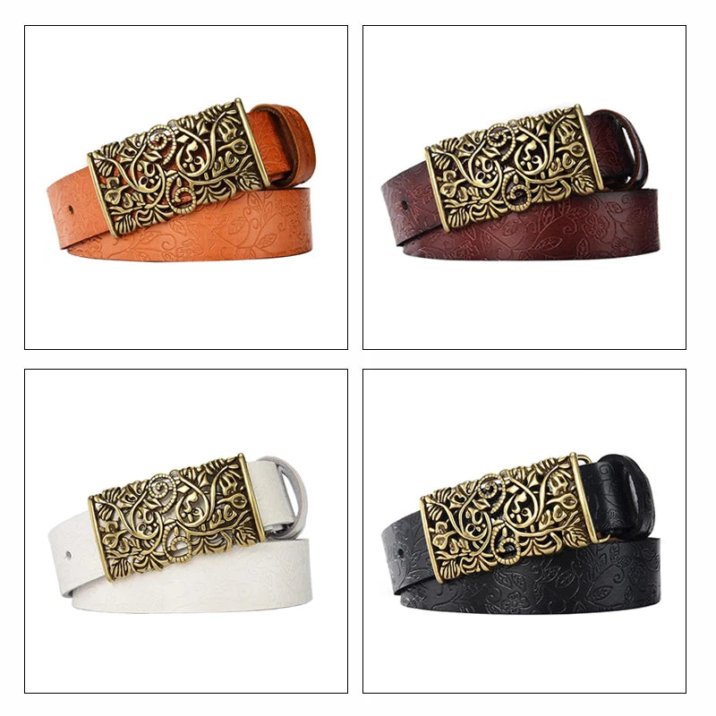 New Fashion Quality Leather Belts for Woman Vintage Floral Curved Hollow Out Metal Buckle Wide Female Belts