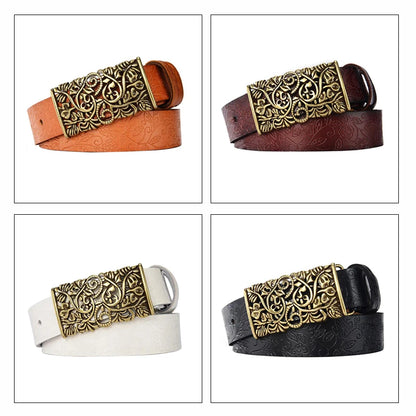 New Fashion Quality Leather Belts for Woman Vintage Floral Curved Hollow Out Metal Buckle Wide Female Belts