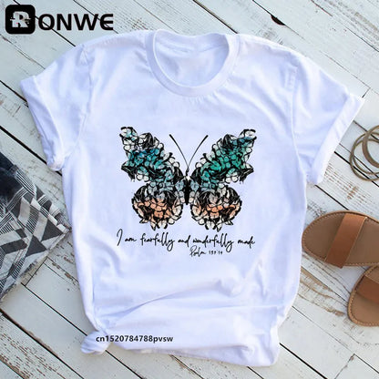 Women's Butterfly Tree Print Harajuku T-Shirt, Round Neck Top, Short Sleeve, Casual Summer Tee Shirt,Drop Ship