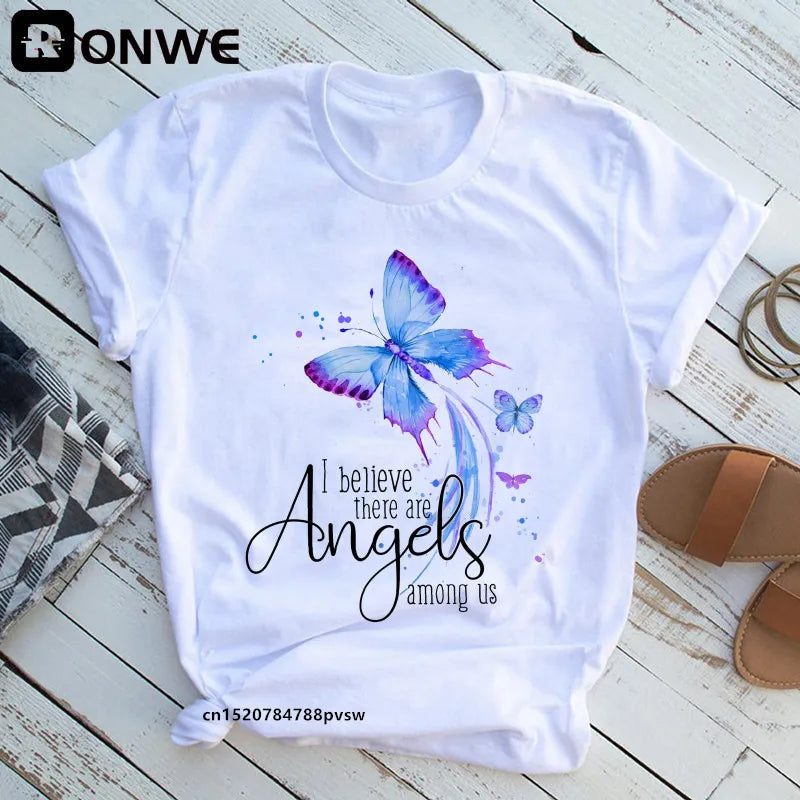 Women's Butterfly Tree Print Harajuku T-Shirt, Round Neck Top, Short Sleeve, Casual Summer Tee Shirt,Drop Ship