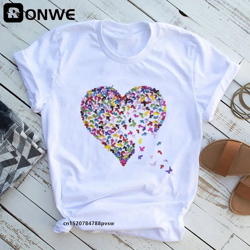 Women's Butterfly Tree Print Harajuku T-Shirt, Round Neck Top, Short Sleeve, Casual Summer Tee Shirt,Drop Ship