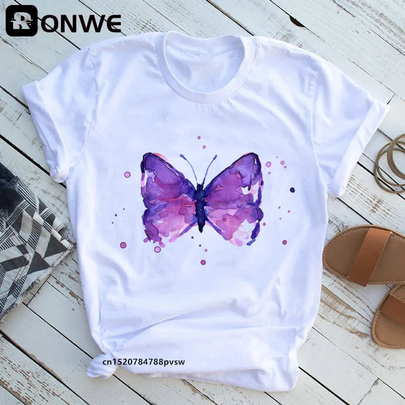 Women's Butterfly Tree Print Harajuku T-Shirt, Round Neck Top, Short Sleeve, Casual Summer Tee Shirt,Drop Ship