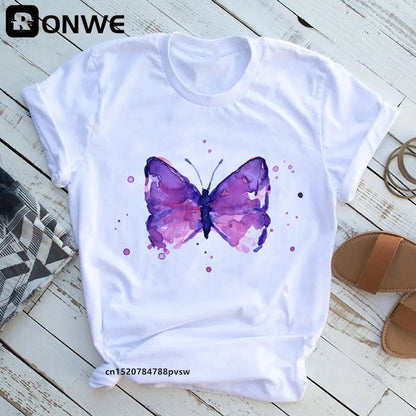 Women's Butterfly Tree Print Harajuku T-Shirt, Round Neck Top, Short Sleeve, Casual Summer Tee Shirt,Drop Ship