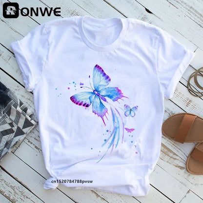 Women's Butterfly Tree Print Harajuku T-Shirt, Round Neck Top, Short Sleeve, Casual Summer Tee Shirt,Drop Ship