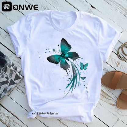 Women's Butterfly Tree Print Harajuku T-Shirt, Round Neck Top, Short Sleeve, Casual Summer Tee Shirt,Drop Ship