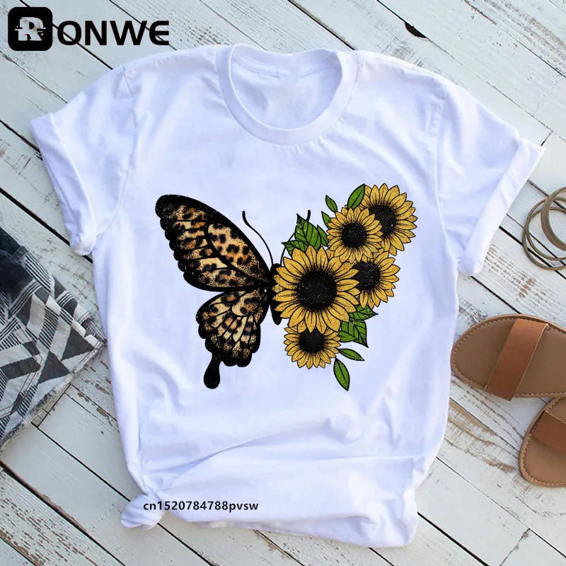 Women's Butterfly Tree Print Harajuku T-Shirt, Round Neck Top, Short Sleeve, Casual Summer Tee Shirt,Drop Ship