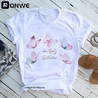 Women's Butterfly Tree Print Harajuku T-Shirt, Round Neck Top, Short Sleeve, Casual Summer Tee Shirt,Drop Ship