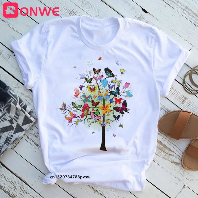 Women's Butterfly Tree Print Harajuku T-Shirt, Round Neck Top, Short Sleeve, Casual Summer Tee Shirt,Drop Ship