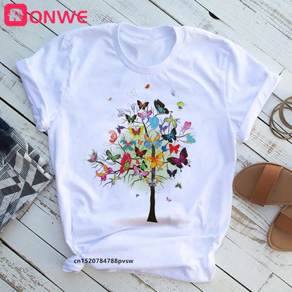 Women's Butterfly Tree Print Harajuku T-Shirt, Round Neck Top, Short Sleeve, Casual Summer Tee Shirt,Drop Ship