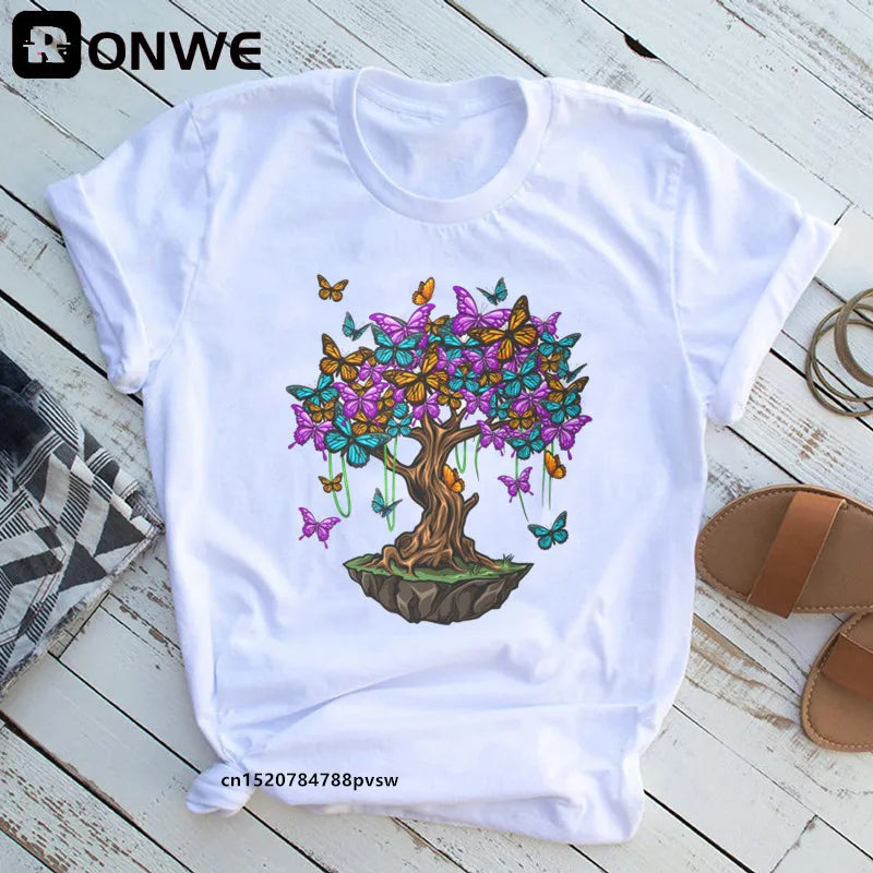 Women's Butterfly Tree Print Harajuku T-Shirt, Round Neck Top, Short Sleeve, Casual Summer Tee Shirt,Drop Ship
