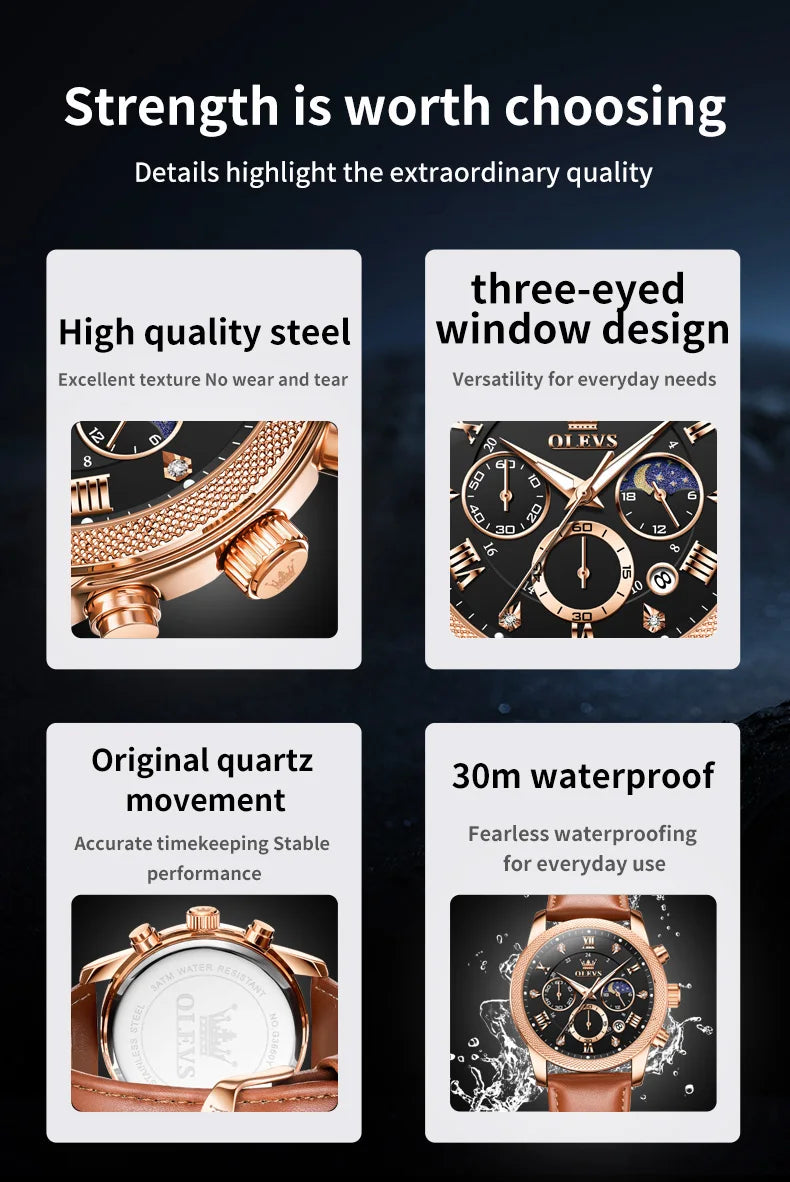 OLEVS 3660 Moon Phase Chronograph Luminous Men's Watches Leather Strap Waterproof Original Quartz Watch for Man Brand Wristwatch
