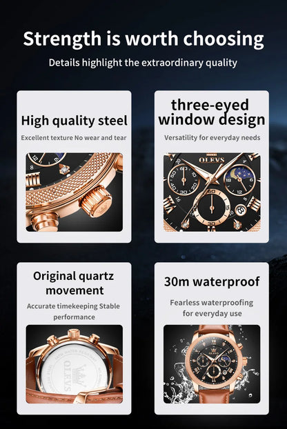OLEVS 3660 Moon Phase Chronograph Luminous Men's Watches Leather Strap Waterproof Original Quartz Watch for Man Brand Wristwatch