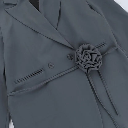 FSMG Fashion 3D Flower Belt Loose With Pockets Long Sleeve Coat Elegant Notch Collar Single Button Blazers Casual Office Jacket