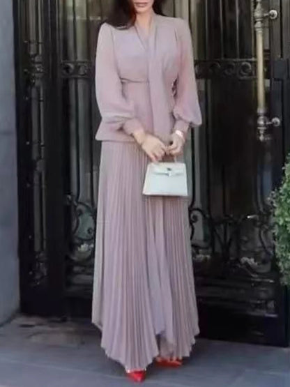 Sexy V-neck Long Skirt Matching Vest Outfits 2025 Fashion Hight Waist Solid Color 3Pc Suit Women's Elegant Pleated Commuting Set