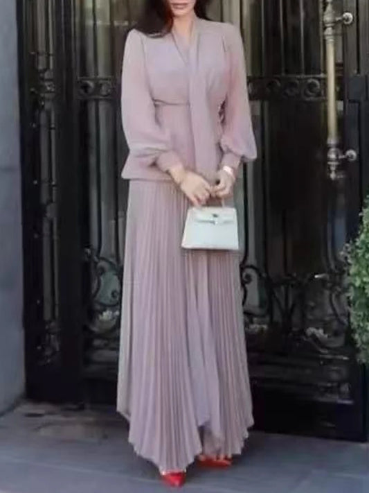 Sexy V-neck Long Skirt Matching Vest Outfits 2025 Fashion Hight Waist Solid Color 3Pc Suit Women's Elegant Pleated Commuting Set