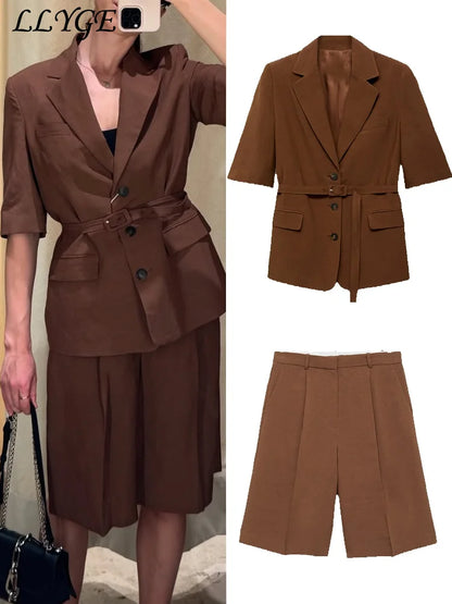 Cotton Linen Belt Blazer Shorts Sets Women Loose Lapel Half Sleeve Jackets Wide Leg Short Pants 2025 Summer Lady Street Outfits