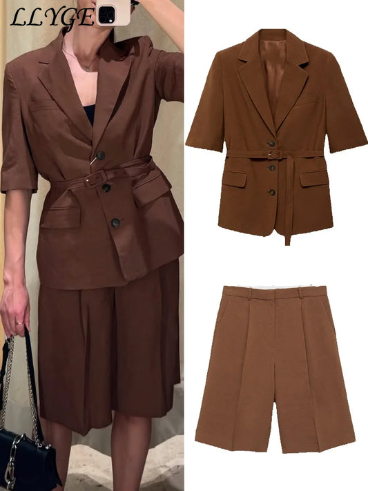 Cotton Linen Belt Blazer Shorts Sets Women Loose Lapel Half Sleeve Jackets Wide Leg Short Pants 2025 Summer Lady Street Outfits