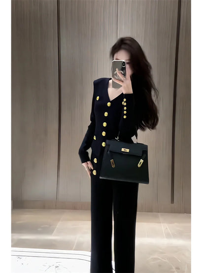 Autumn Winter Luxury Women Suits Fashion V Neck Golden Buttons Elegant Cardigan Coats + Knitted Wide Leg Pants 2-piece Set Q891