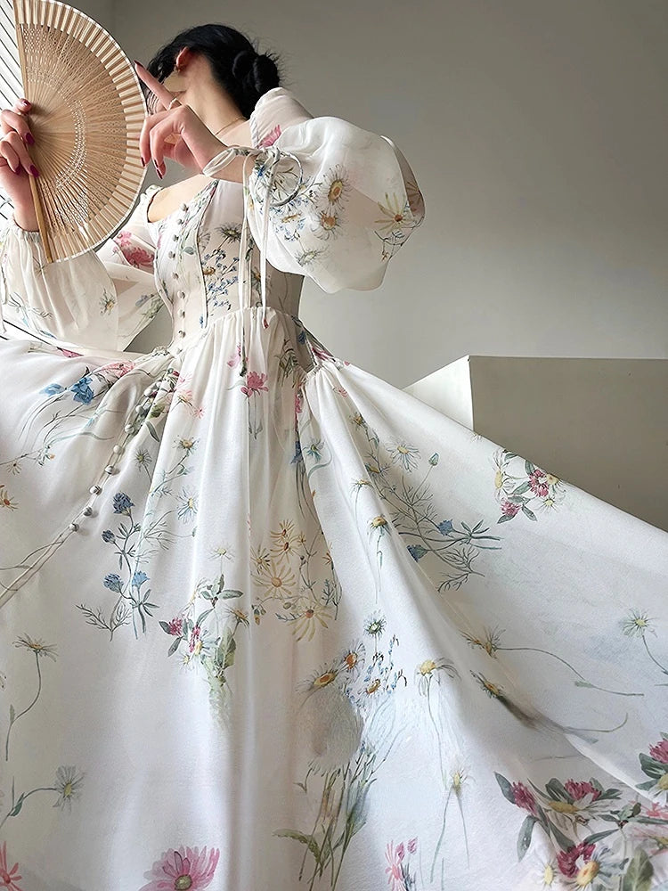 Vintage Floral Midi Dress Women Elegant Party Square Collar Dresses Summer Beach Fairy Korean Long Sleeve Bodycon Vestidos New