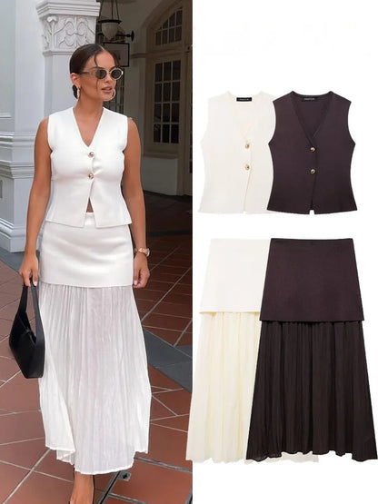 HH Women 2 Piece Skirt Set Elegant V-Neck Sleeveless Button Knitted Vest Top+Splicing High Waist Zipper Ankle-Length Skirts